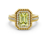 Yellow gold Fancy Yellow Emerald Cut Halo Diamond Ring with Beaded Split Shank and Four-Prong Setting