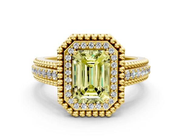 Yellow Gold Emerald Cut Beaded Halo Engagement Ring Setting for Fancy Yellow Center with Pave