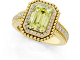 Yellow gold Fancy Yellow Emerald Cut Halo Diamond Ring with Beaded Split Shank and Four-Prong Setting_1