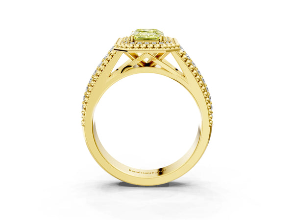 Yellow Gold Emerald Cut Beaded Halo Engagement Ring Setting for Fancy Yellow Center with Pave