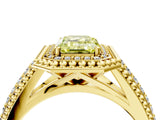 Yellow gold Fancy Yellow Emerald Cut Halo Diamond Ring with Beaded Split Shank and Four-Prong Setting_4
