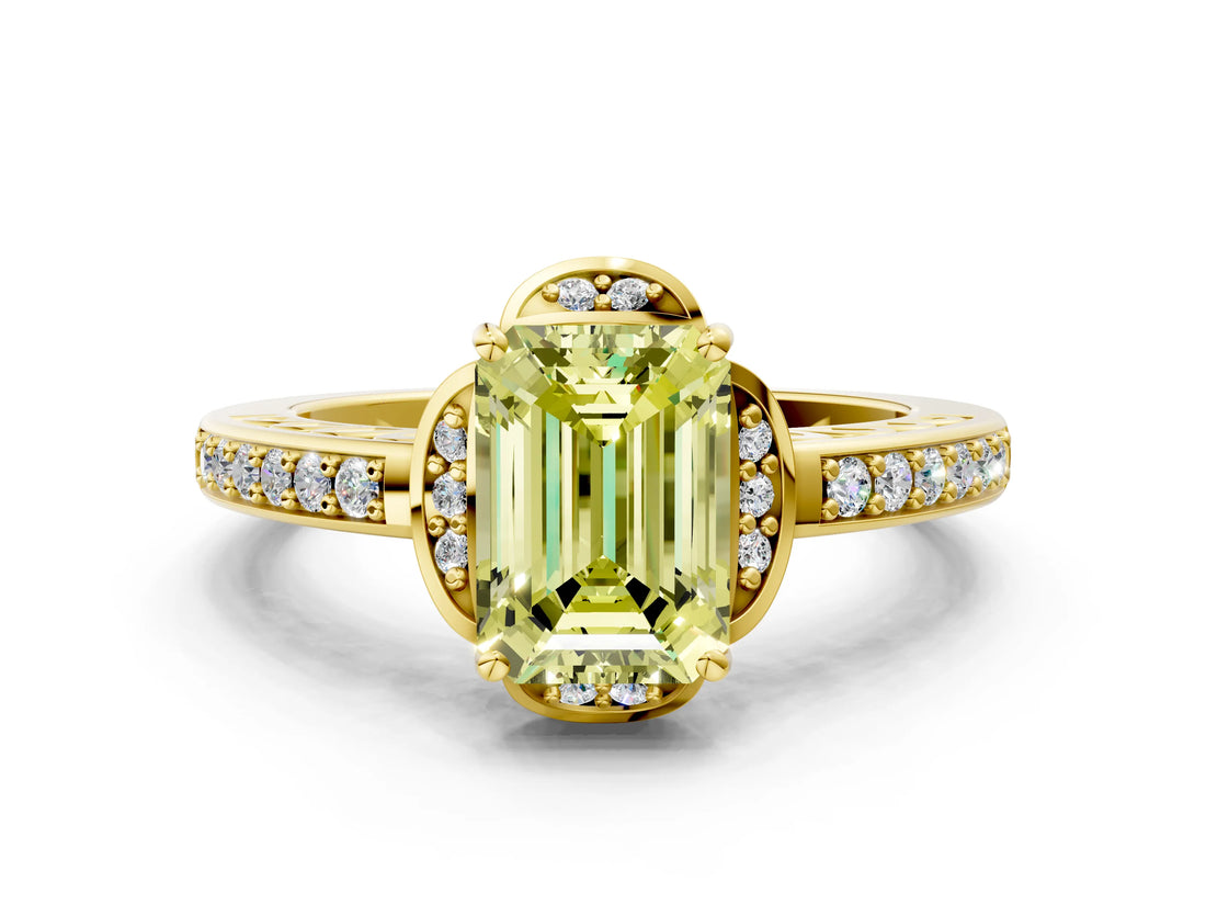 Yellow gold Fancy Yellow Emerald  Cut Halo Diamond Ring with Channel Set Band and Four-Prong Setting_32