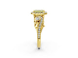 Yellow gold Fancy Yellow Emerald Cut Halo Diamond Ring with Milgrain and Bezel Accents on a Split Shank Band_14