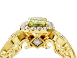Yellow gold Fancy Yellow Emerald Cut Halo Diamond Ring with Milgrain and Bezel Accents on a Split Shank Band_16