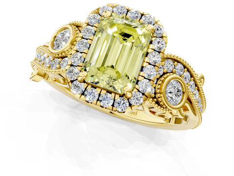 Yellow gold Fancy Yellow Emerald Cut Halo Diamond Ring with Milgrain and Bezel Accents on a Split Shank Band_1