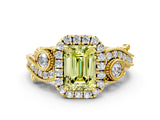 Yellow gold Fancy Yellow Emerald Cut Halo Diamond Ring with Milgrain and Bezel Accents on a Split Shank Band_24