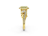 Yellow gold Fancy Yellow Emerald Cut Halo Diamond Ring with Milgrain and Bezel Accents on a Split Shank Band_26