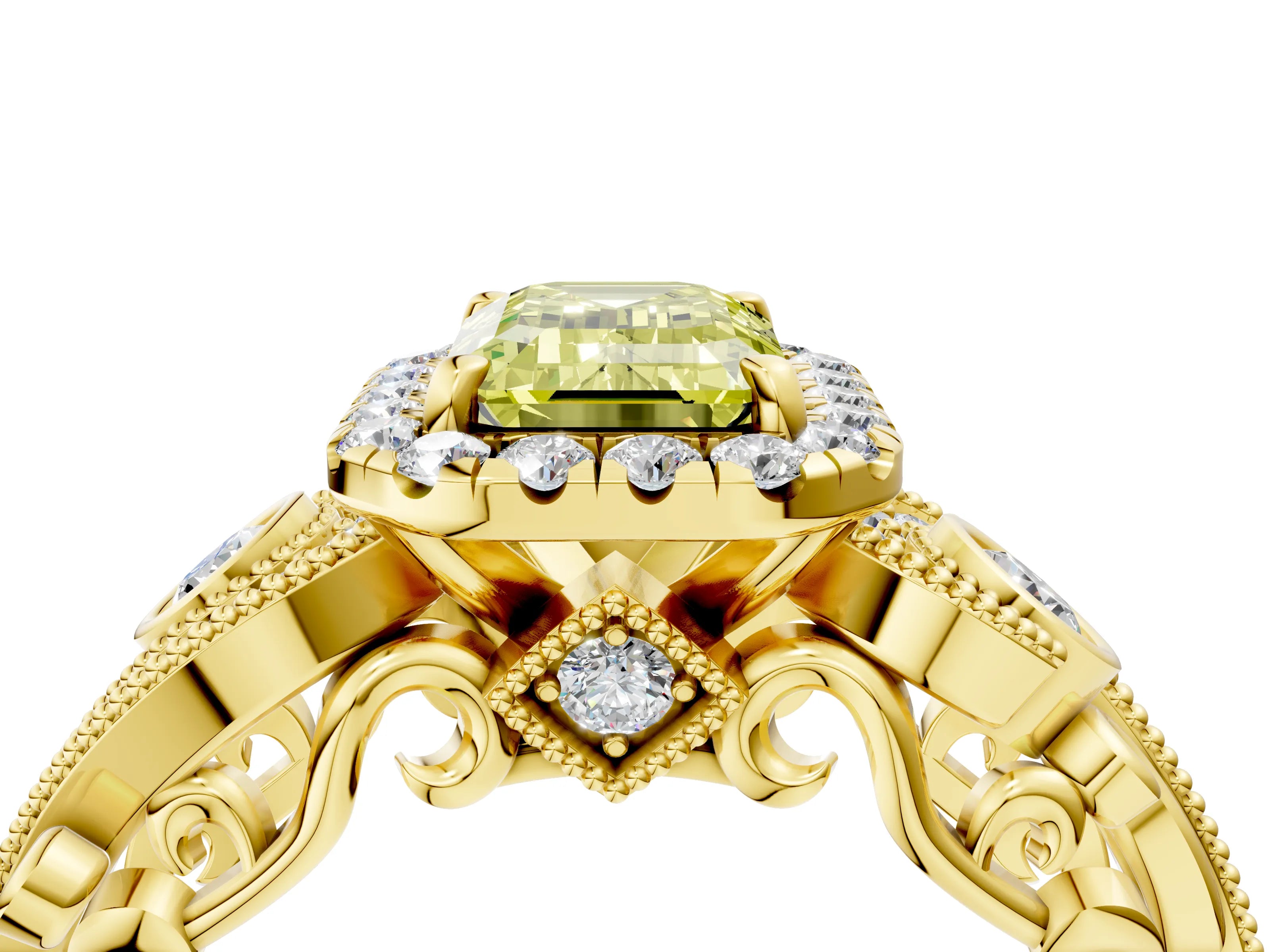 Yellow gold Fancy Yellow Emerald Cut Halo Diamond Ring with Milgrain and Bezel Accents on a Split Shank Band_4
