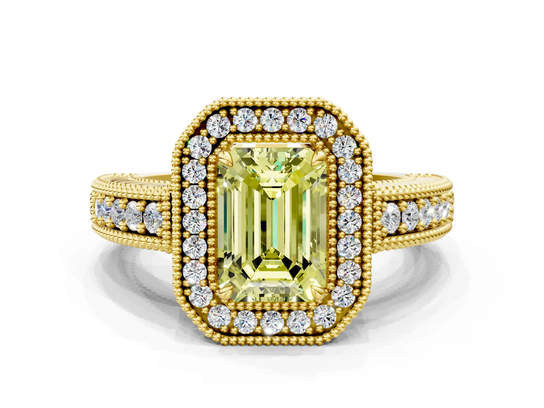 Yellow gold Fancy Yellow Emerald  Cut Halo Diamond Ring with Pavé Band and Four-Prong Setting_68
