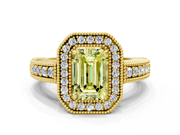 Yellow gold Fancy Yellow Emerald  Cut Halo Diamond Ring with Pavé Band and Four-Prong Setting