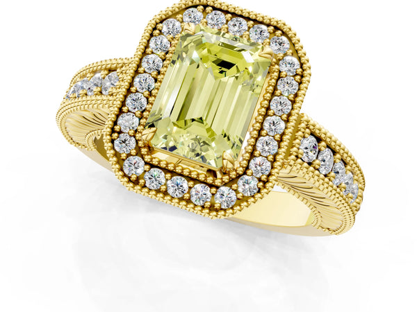 Yellow gold Fancy Yellow Emerald  Cut Halo Diamond Ring with Pavé Band and Four-Prong Setting