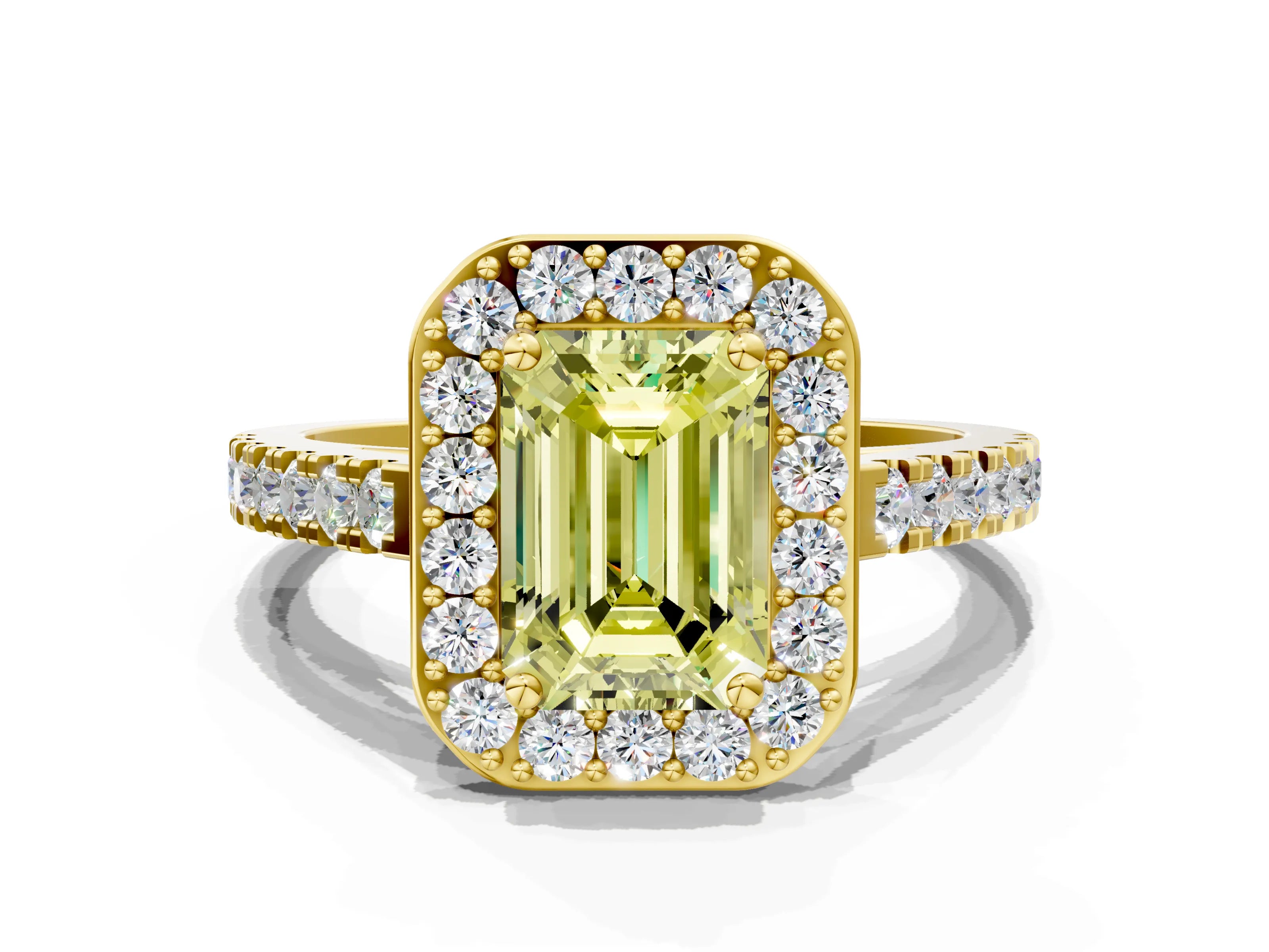 Yellow gold Fancy Yellow Emerald Cut Halo Diamond Ring with Pavé Band and Three-Prong Setting