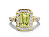 Yellow gold Fancy Yellow Emerald Cut Halo Diamond Ring with Pavé Band and Three-Prong Setting
