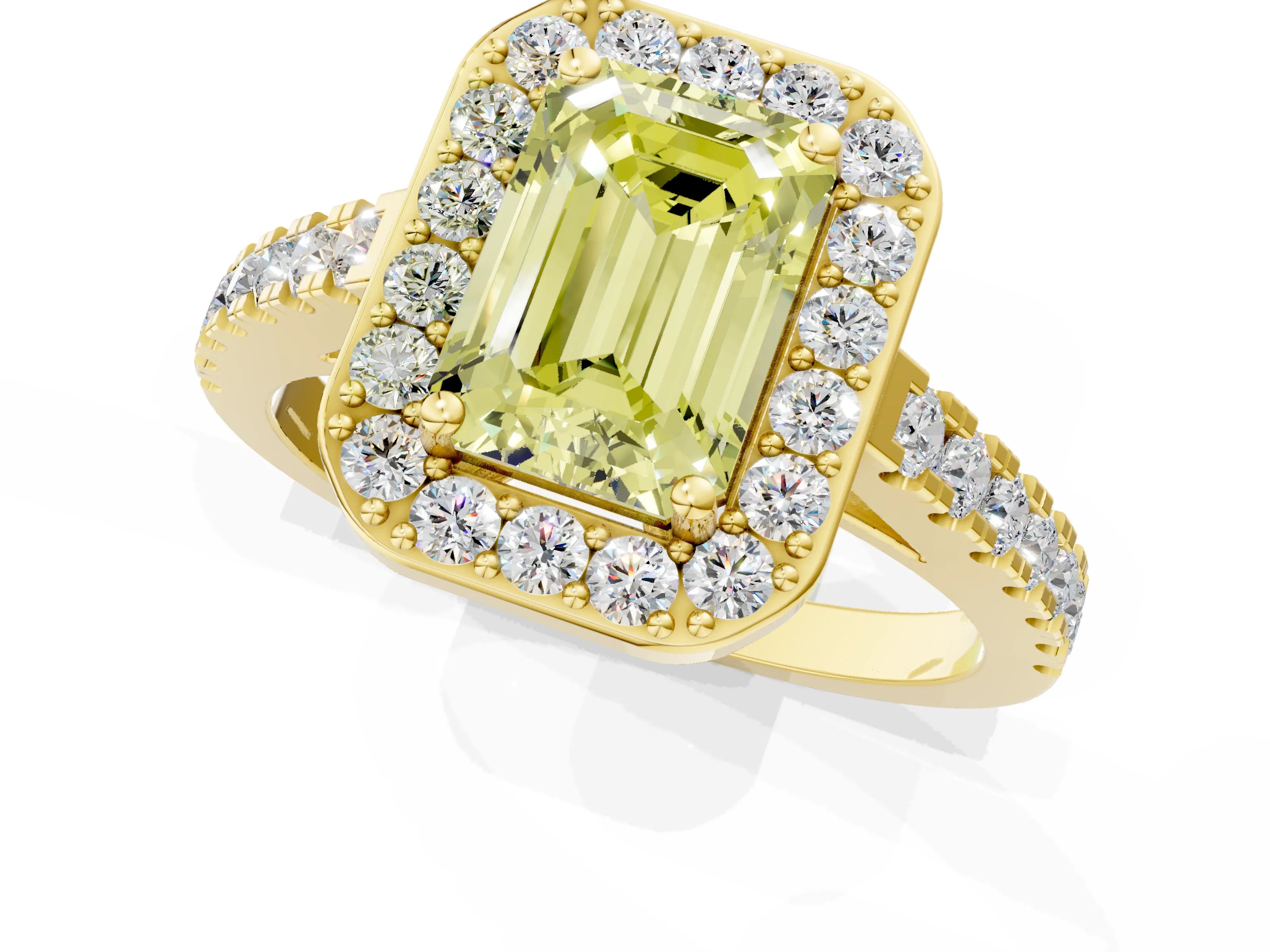 Yellow gold Fancy Yellow Emerald Cut Halo Diamond Ring with Pavé Band and Three-Prong Setting_1