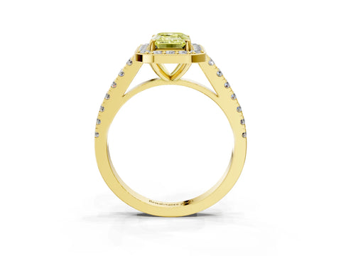 Yellow gold Fancy Yellow Emerald Cut Halo Diamond Ring with Pavé Band and Three-Prong Setting_3