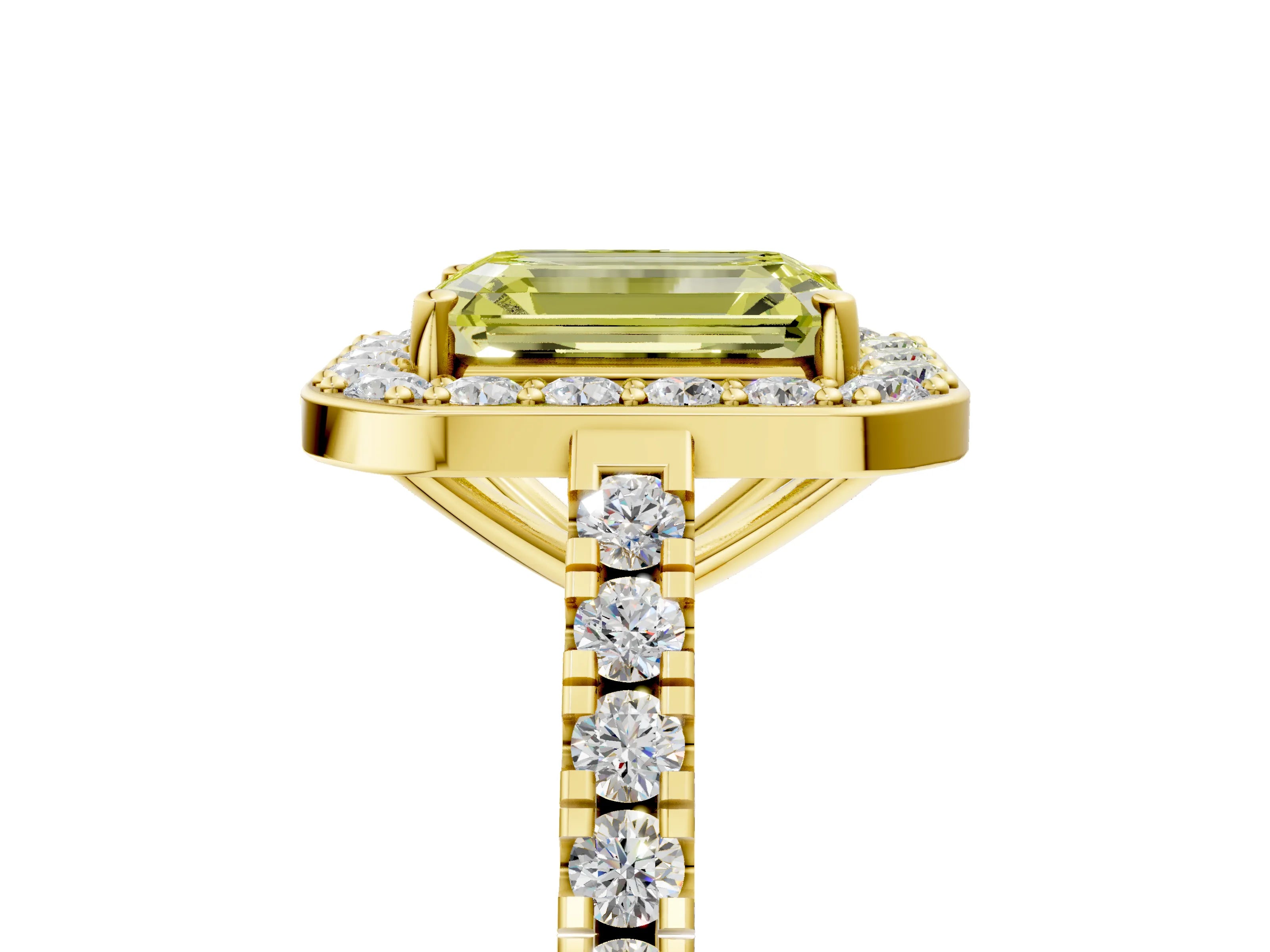 Yellow gold Fancy Yellow Emerald Cut Halo Diamond Ring with Pavé Band and Three-Prong Setting_5