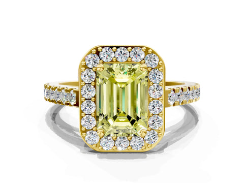 Yellow gold Fancy Yellow Emerald Cut Halo Diamond Ring with Pavé Band and Three-Prong Setting