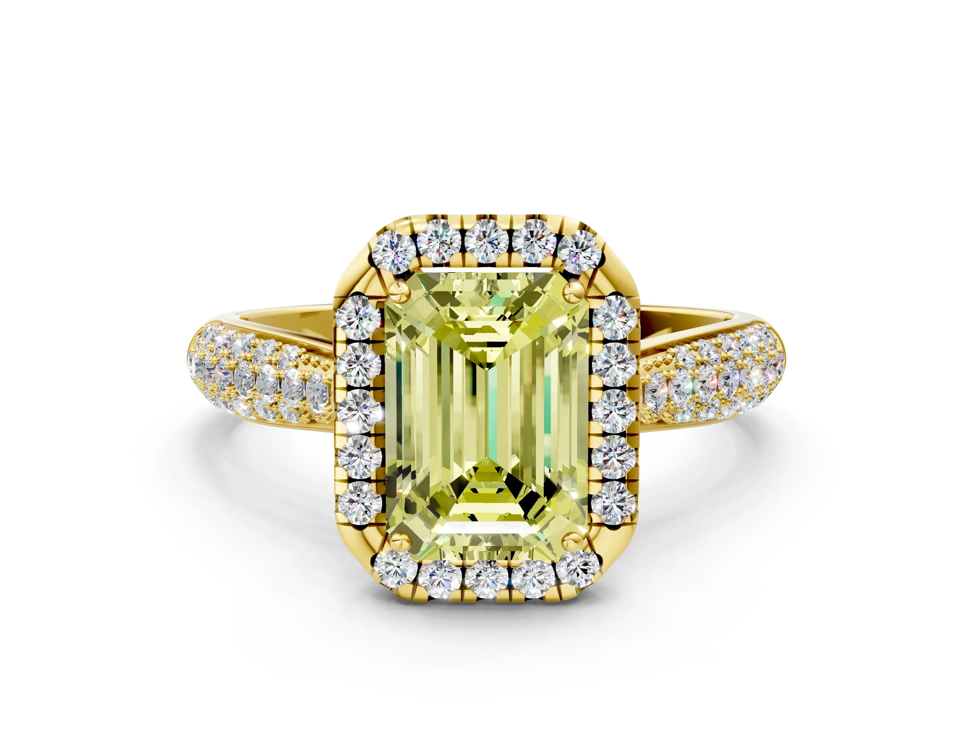 Yellow gold Fancy Yellow Emerald Cut Halo Diamond Ring with Pavé Band