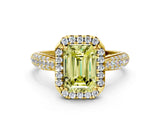 Yellow gold Fancy Yellow Emerald Cut Halo Diamond Ring with Pavé Band