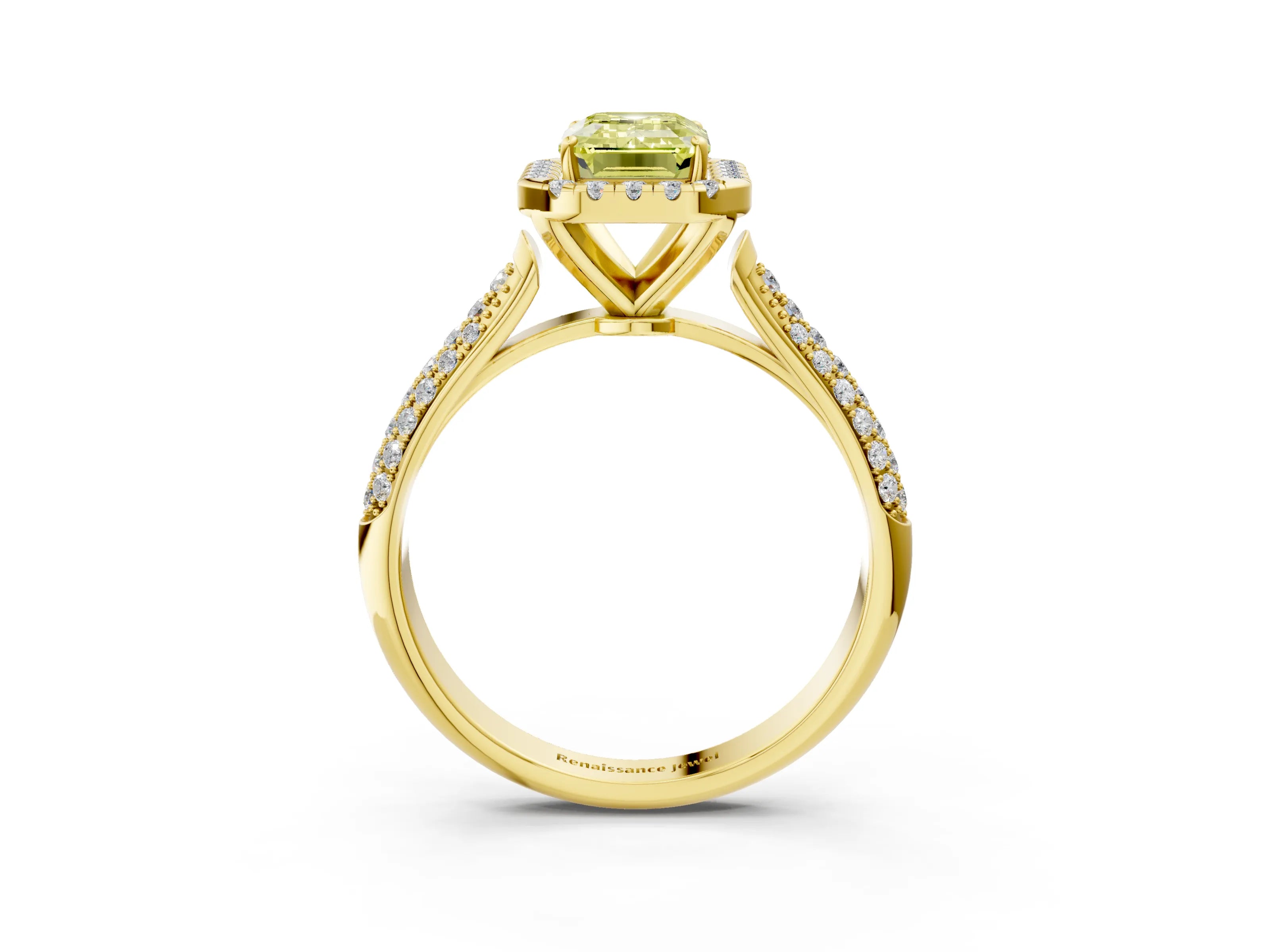 Yellow gold Fancy Yellow Emerald Cut Halo Diamond Ring with Pavé Band_3
