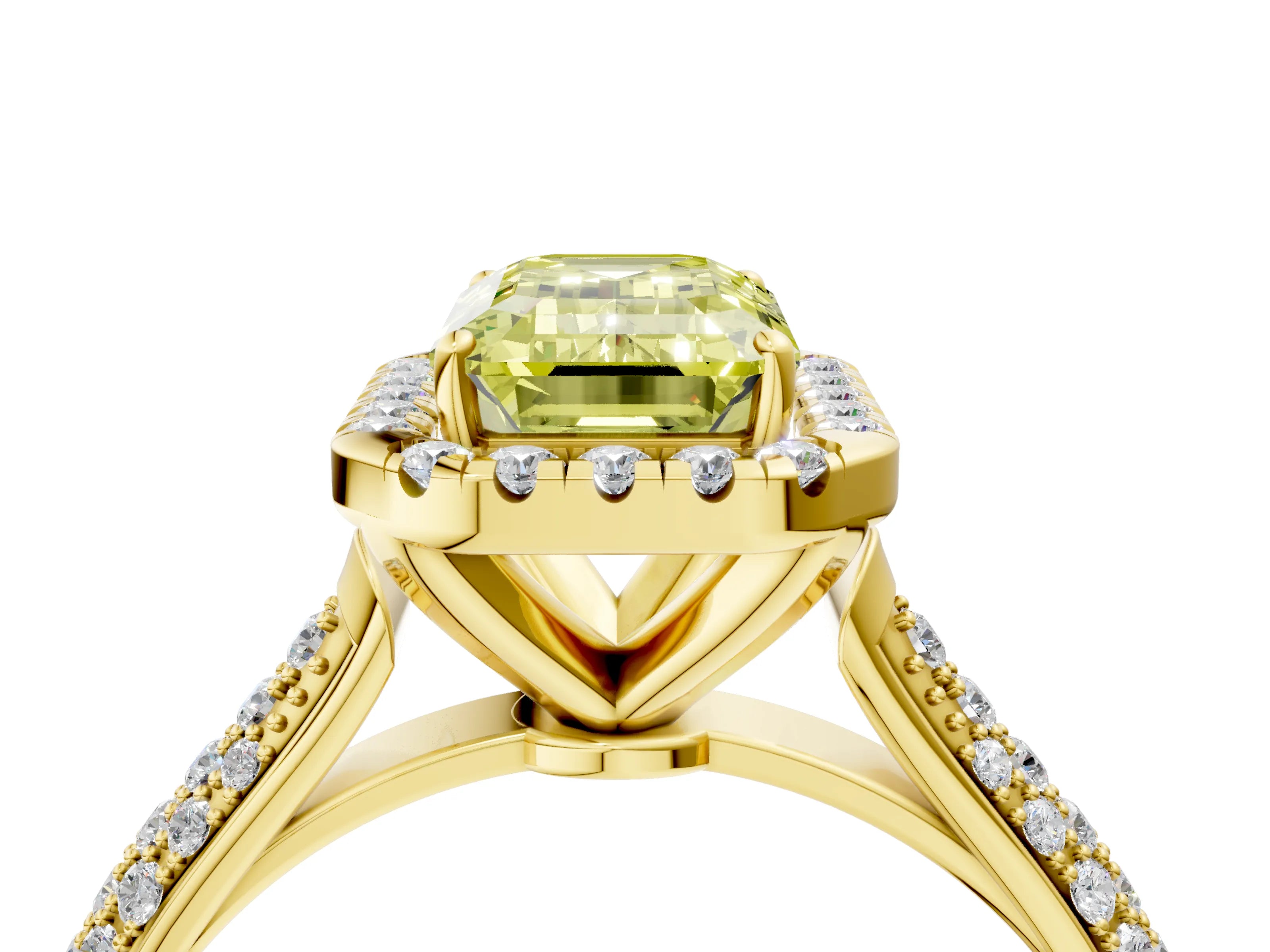 Yellow gold Fancy Yellow Emerald Cut Halo Diamond Ring with Pavé Band_4