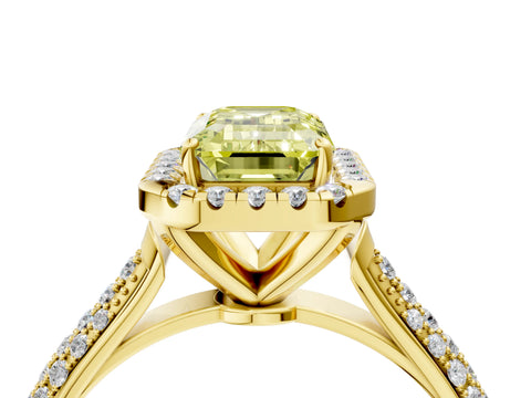 Yellow gold Fancy Yellow Emerald Cut Halo Diamond Ring with Pavé Band_4