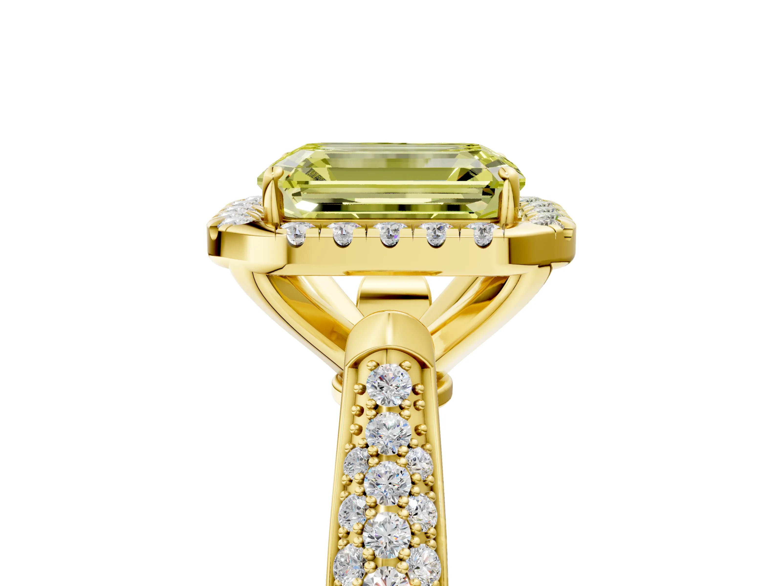 Yellow gold Fancy Yellow Emerald Cut Halo Diamond Ring with Pavé Band_5
