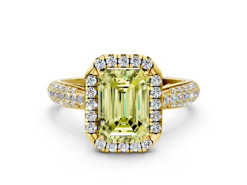 Yellow gold Fancy Yellow Emerald Cut Halo Diamond Ring with Pavé Band