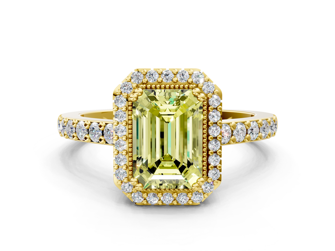 Yellow gold Fancy Yellow Emerald  Cut Halo Diamond Ring with Pave Band and Four-Prong Setting_24