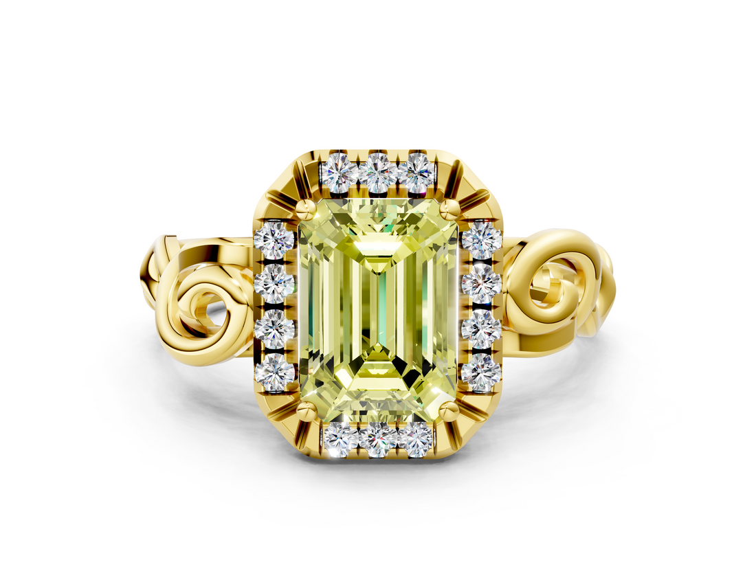 Yellow gold Fancy Yellow Emerald  Cut Halo Diamond Ring with Scrollwork Band and Four-Prong Setting_56