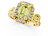 Yellow gold Fancy Yellow Emerald  Cut Halo Diamond Ring with Scrollwork Band and Four-Prong Setting_57