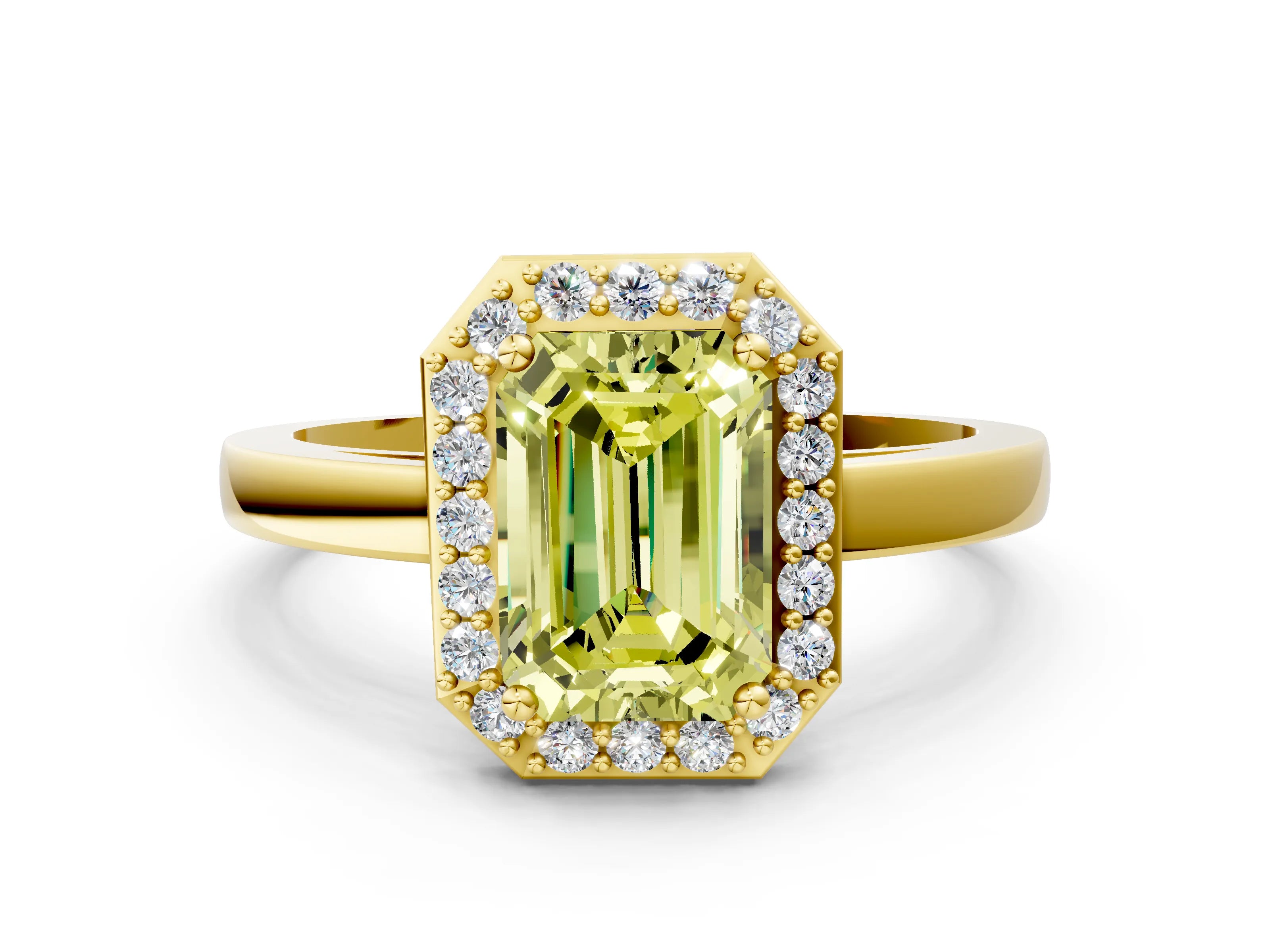 Yellow gold Fancy Yellow Emerald Cut Halo Diamond Ring with Solitaire Band and Prong Setting