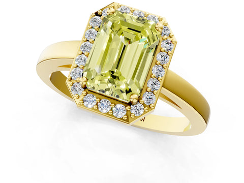 Yellow gold Fancy Yellow Emerald Cut Halo Diamond Ring with Solitaire Band and Prong Setting_1