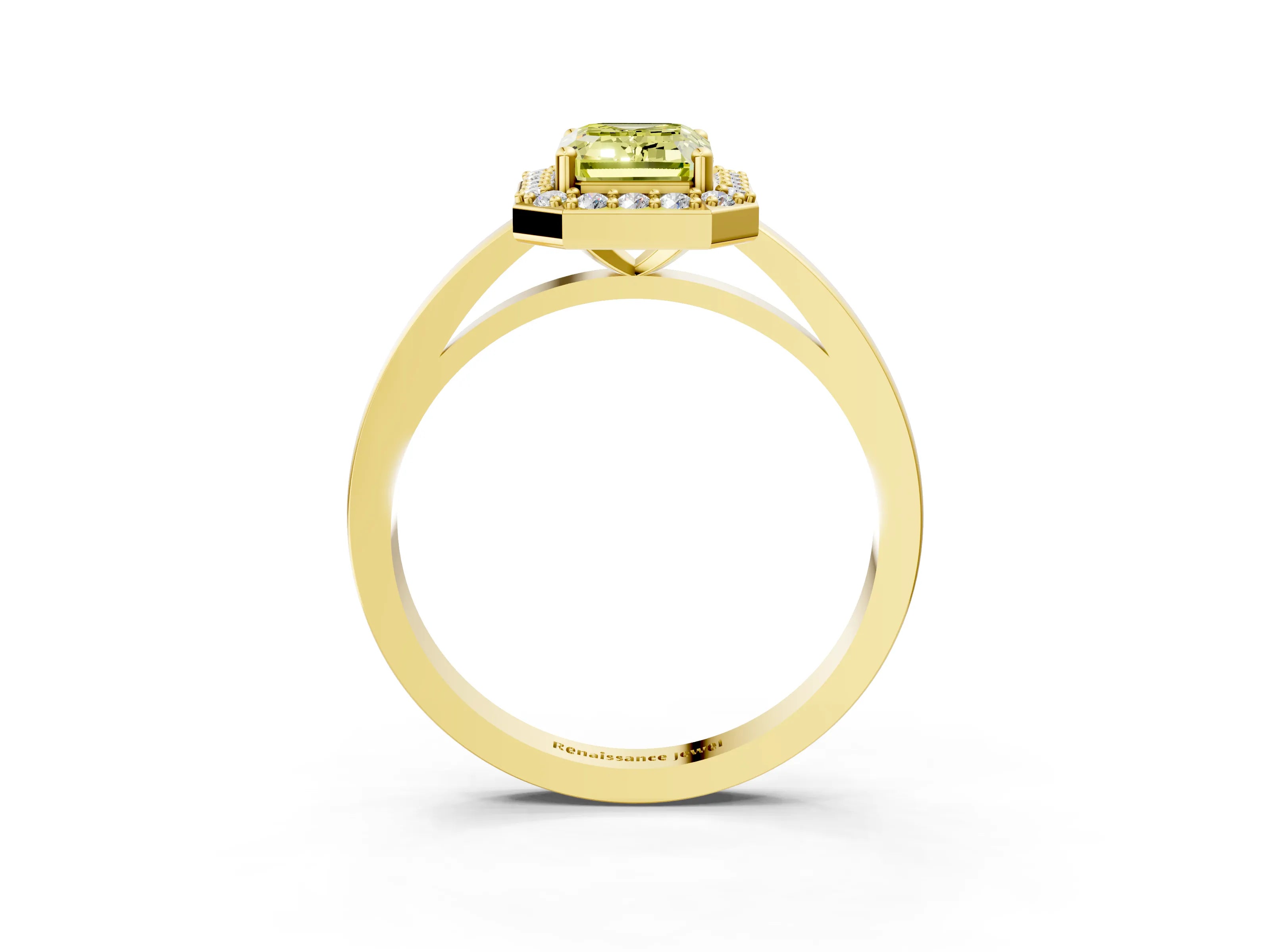 Yellow gold Fancy Yellow Emerald Cut Halo Diamond Ring with Solitaire Band and Prong Setting_3