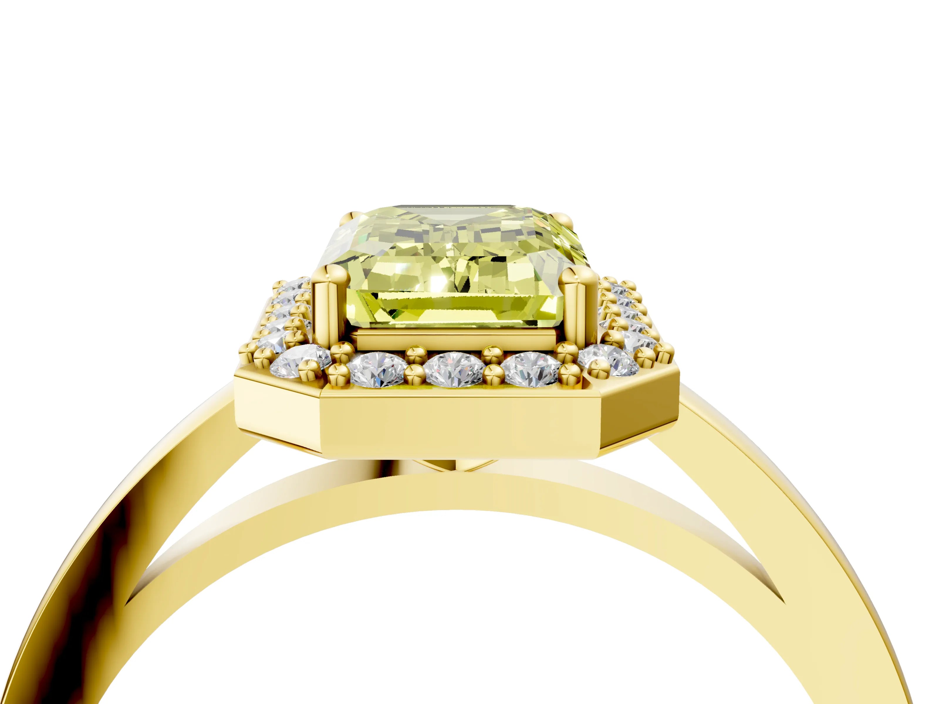 Yellow gold Fancy Yellow Emerald Cut Halo Diamond Ring with Solitaire Band and Prong Setting_4