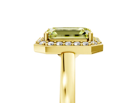 Yellow gold Fancy Yellow Emerald Cut Halo Diamond Ring with Solitaire Band and Prong Setting_5