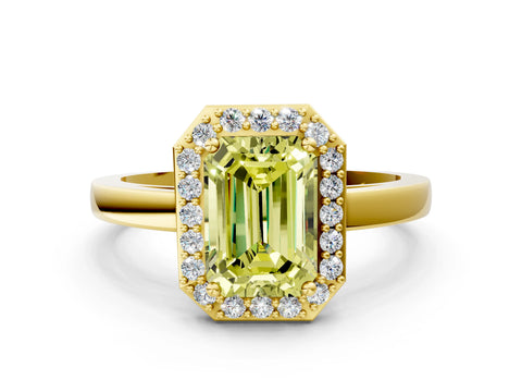 Yellow gold Fancy Yellow Emerald Cut Halo Diamond Ring with Solitaire Band and Prong Setting