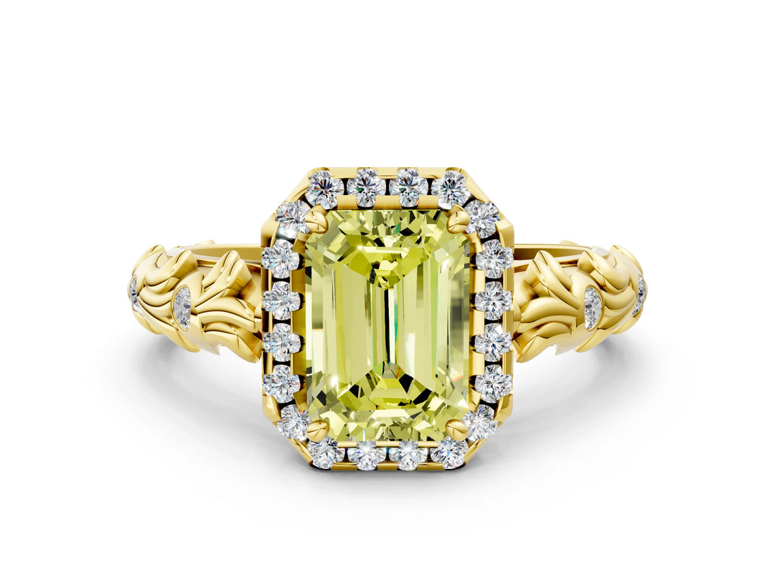 Yellow gold Fancy Yellow Emerald Cut Halo Diamond Solitaire with Filigree Band and Four-Prong Setting