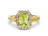 Yellow gold Fancy Yellow Emerald Cut Halo Diamond Solitaire with Filigree Band and Four-Prong Setting
