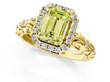 Yellow gold Fancy Yellow Emerald Cut Halo Diamond Solitaire with Filigree Band and Four-Prong Setting_1