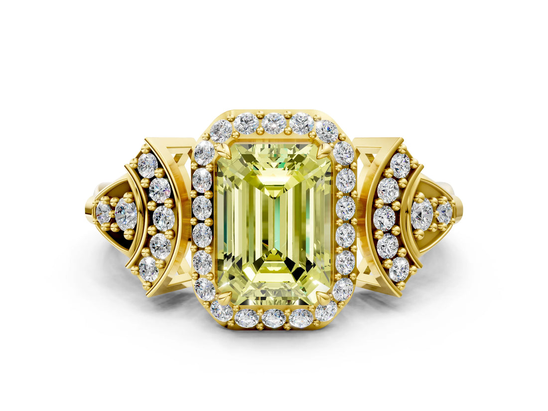 Yellow gold Fancy Yellow Emerald Cut Halo Diamond Split Shank Engagement Ring with Four-Prong Setting