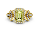 Yellow gold Fancy Yellow Emerald Cut Halo Diamond Split Shank Engagement Ring with Four-Prong Setting