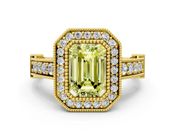 Yellow Gold Emerald Cut Vintage Bezel Halo Engagement Ring Setting for Fancy Yellow Center