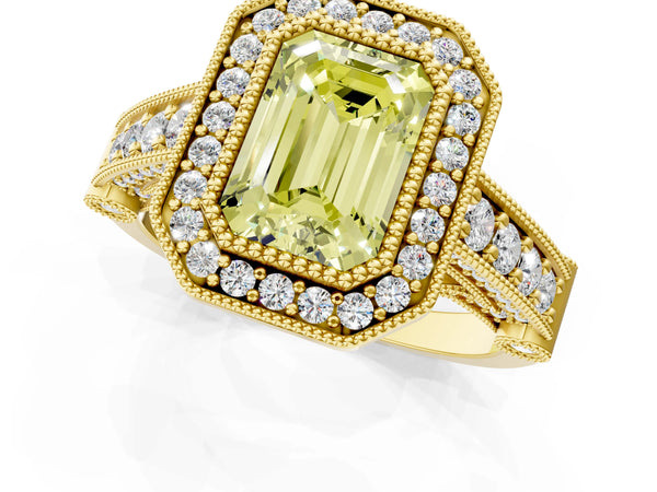 Yellow Gold Emerald Cut Vintage Bezel Halo Engagement Ring Setting for Fancy Yellow Center