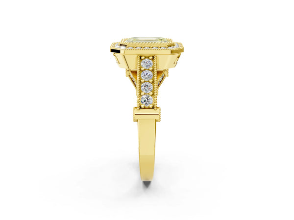 Yellow Gold Emerald Cut Vintage Bezel Halo Engagement Ring Setting for Fancy Yellow Center