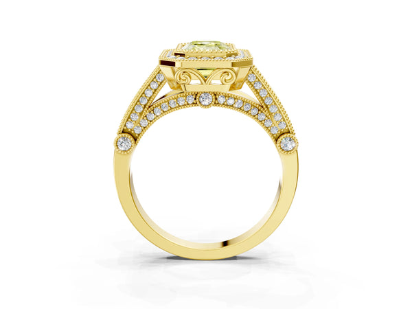 Yellow Gold Emerald Cut Vintage Bezel Halo Engagement Ring Setting for Fancy Yellow Center