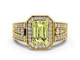 Yellow gold Fancy Yellow Emerald Cut Halo Diamond Split Shank Ring with Prong Setting