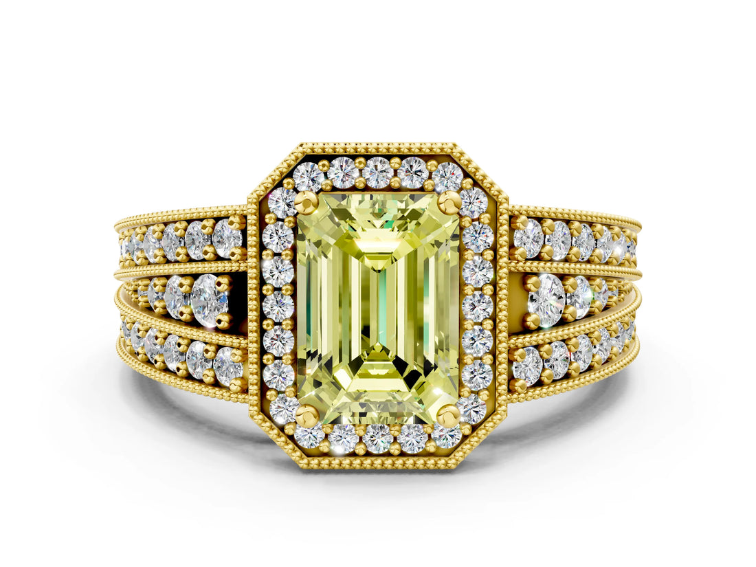 Yellow gold Fancy Yellow Emerald Cut Halo Diamond Split Shank Ring with Prong Setting_6