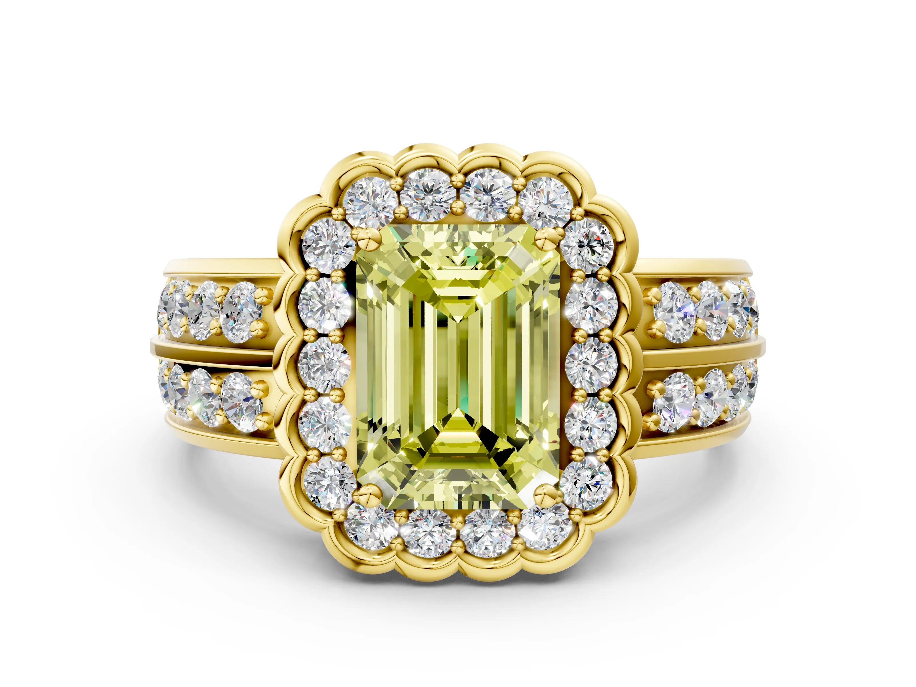 Yellow gold Fancy Yellow Emerald Cut Halo Diamond Split Shank Ring with Scalloped Prong Setting