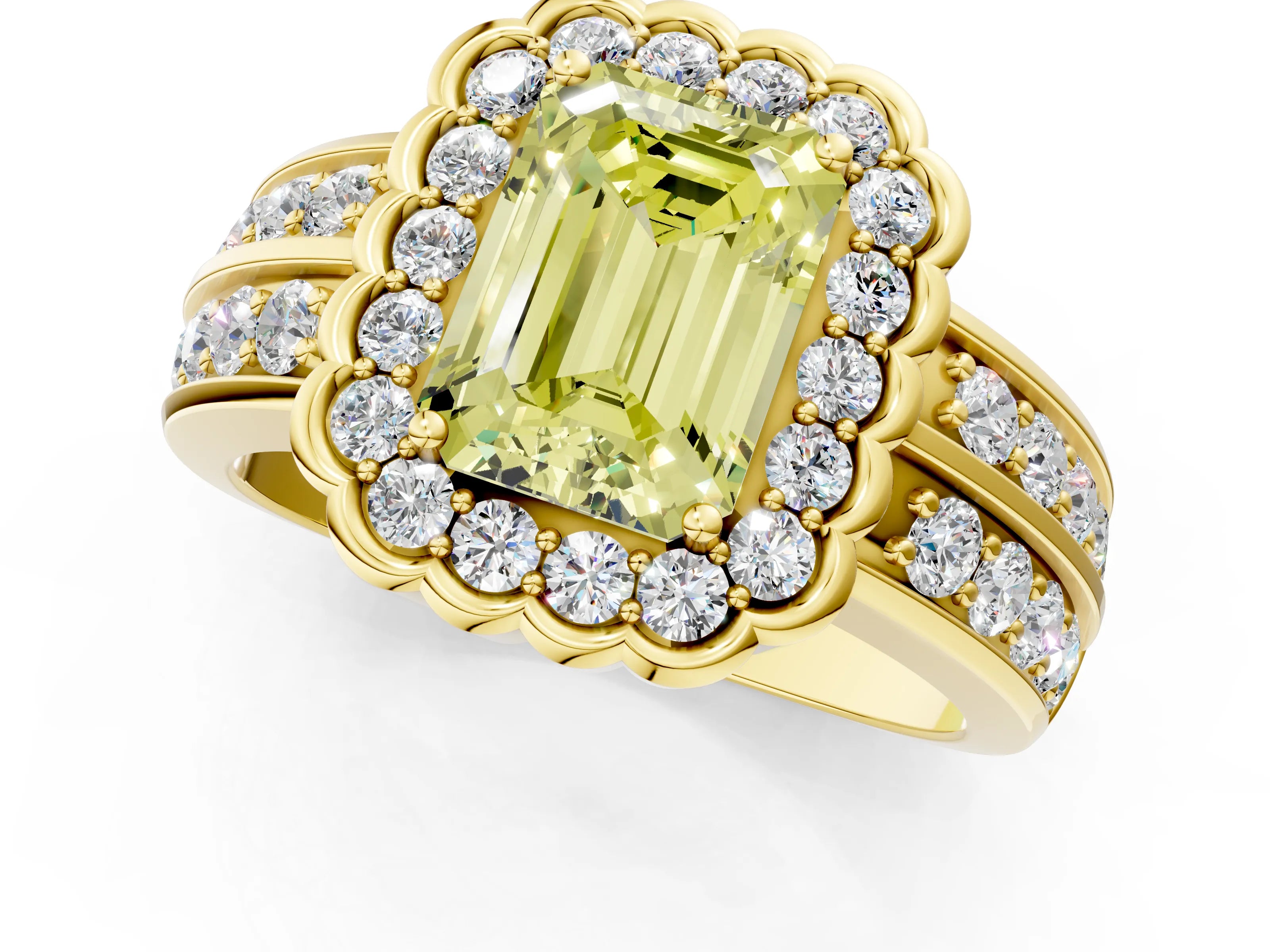 Yellow gold Fancy Yellow Emerald Cut Halo Diamond Split Shank Ring with Scalloped Prong Setting_1